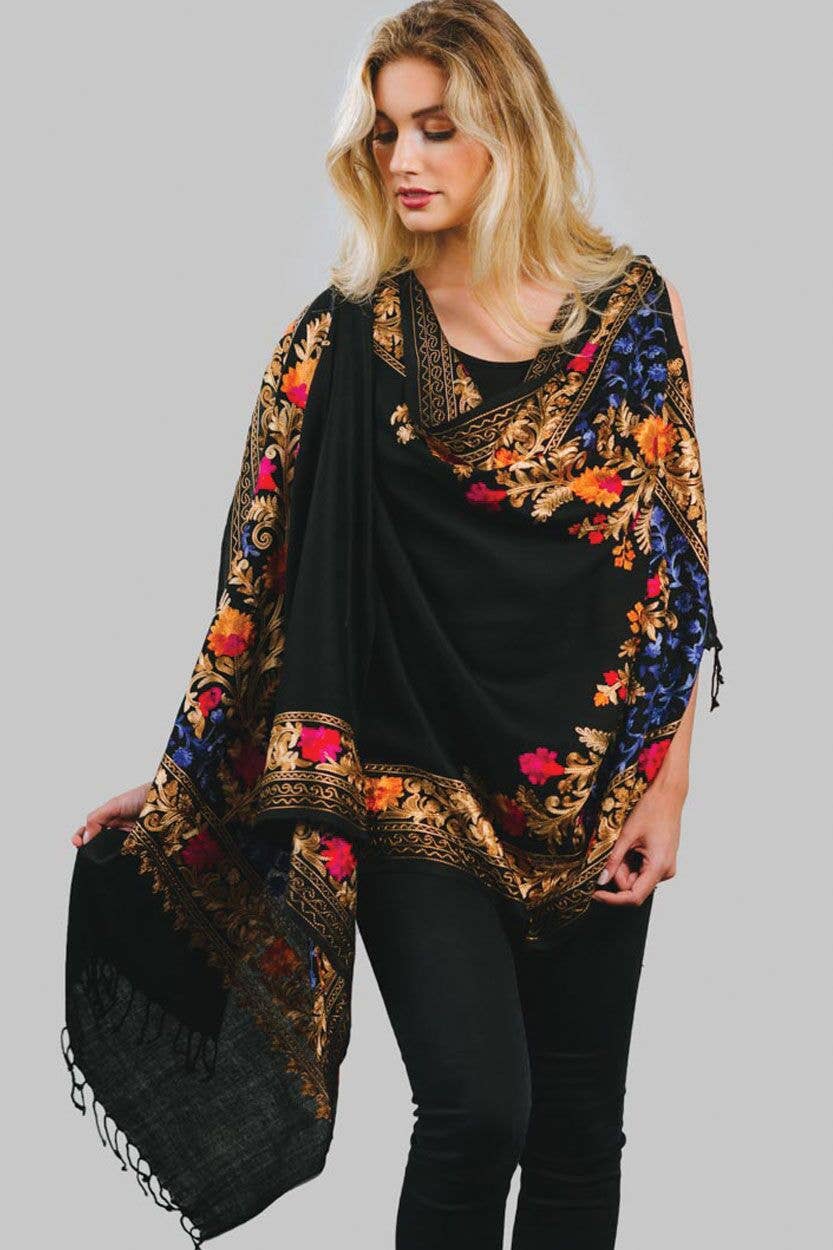 Karuna Embroidered Black & Sapphire Shawl
