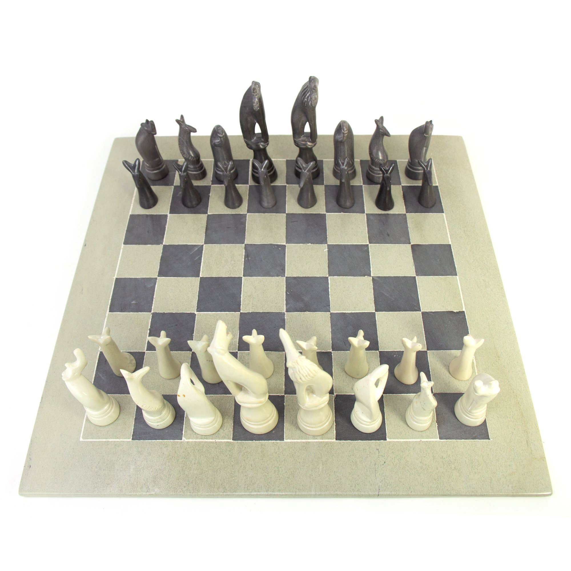 Hand-Carved Soapstone Chess Set - Safari Animals
