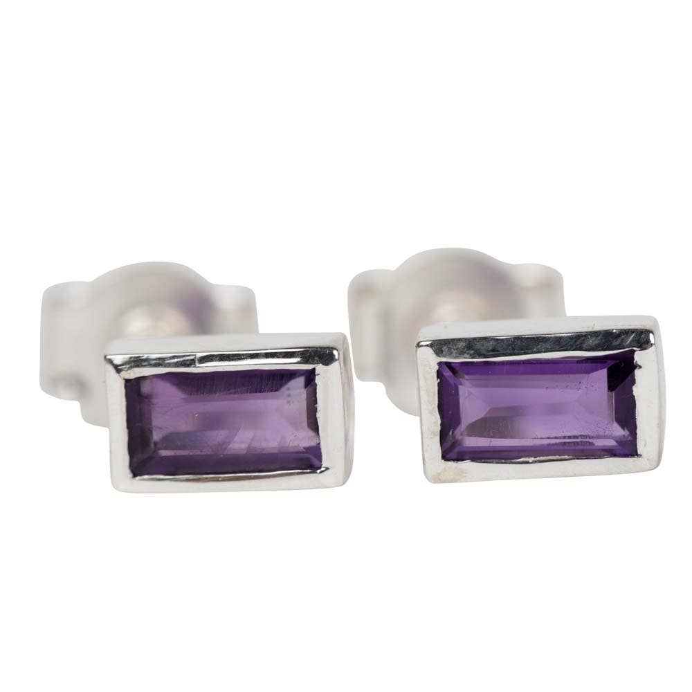 Silver Amethyst Baguette Earrings