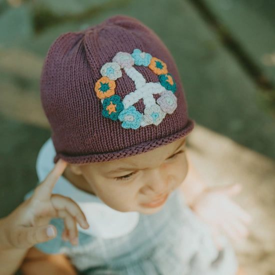 Knit Peace Baby Hat - Purple