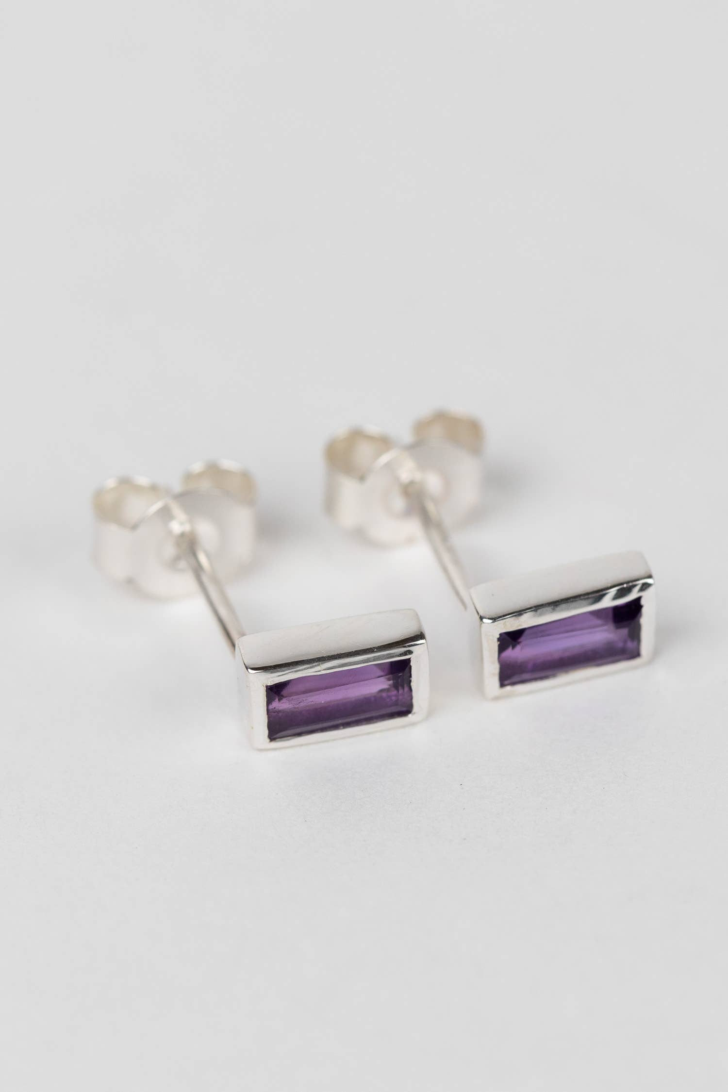 Silver Amethyst Baguette Earrings