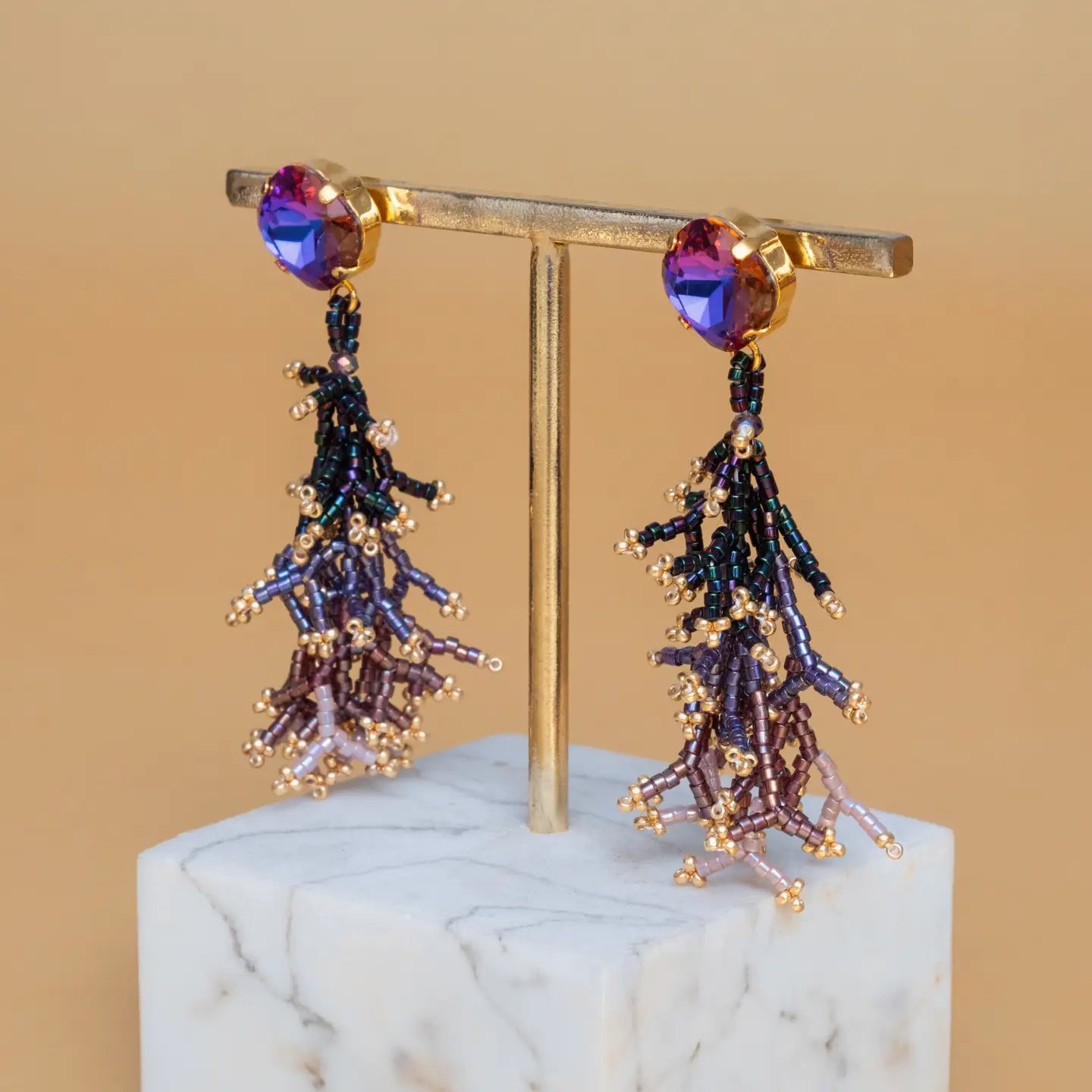 Beaded Handwoven Coral Fringe Earrings (Purple)