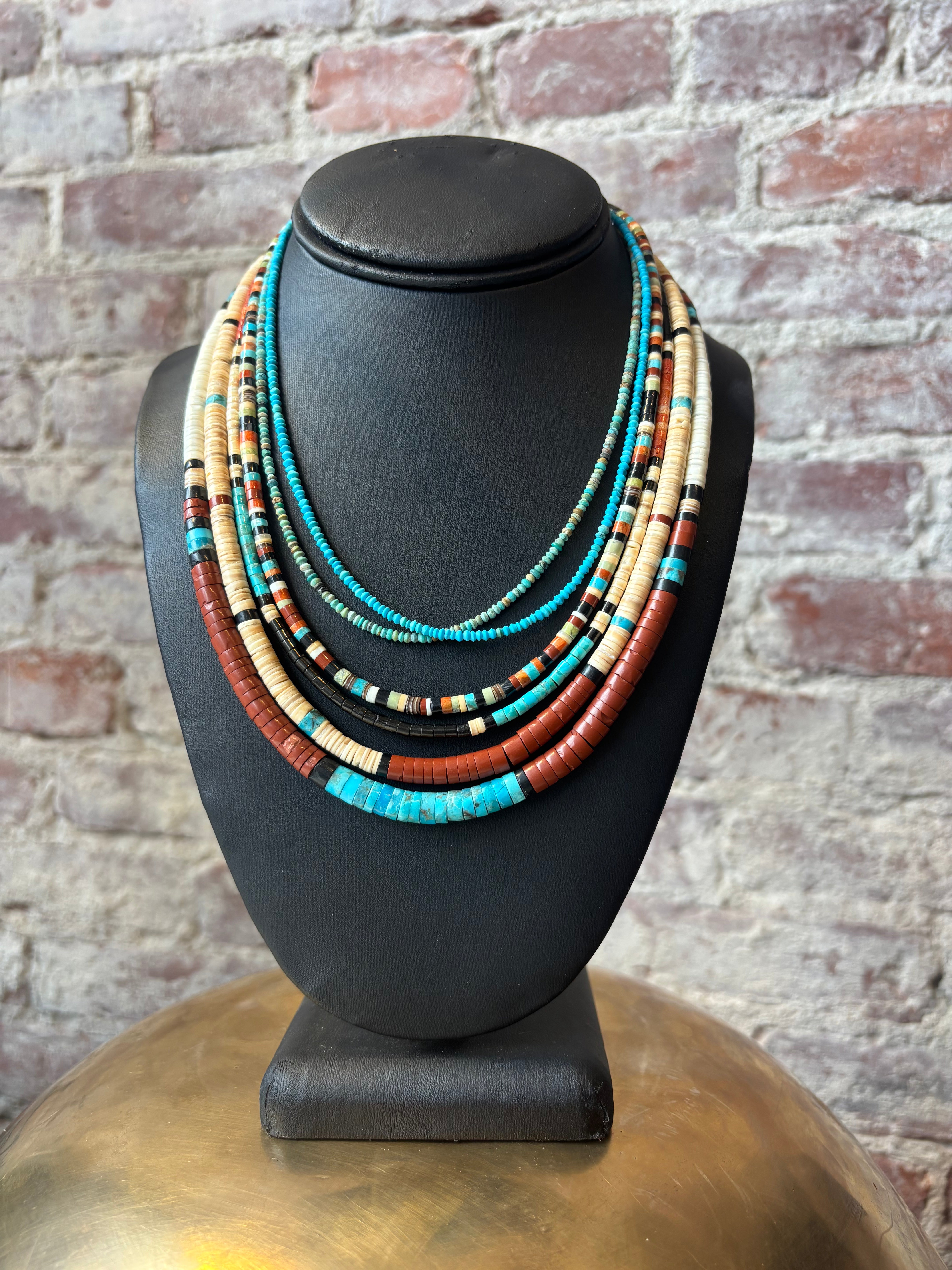 Shell, Jet, Turquoise, Pipe Stone, Heishi Necklace
