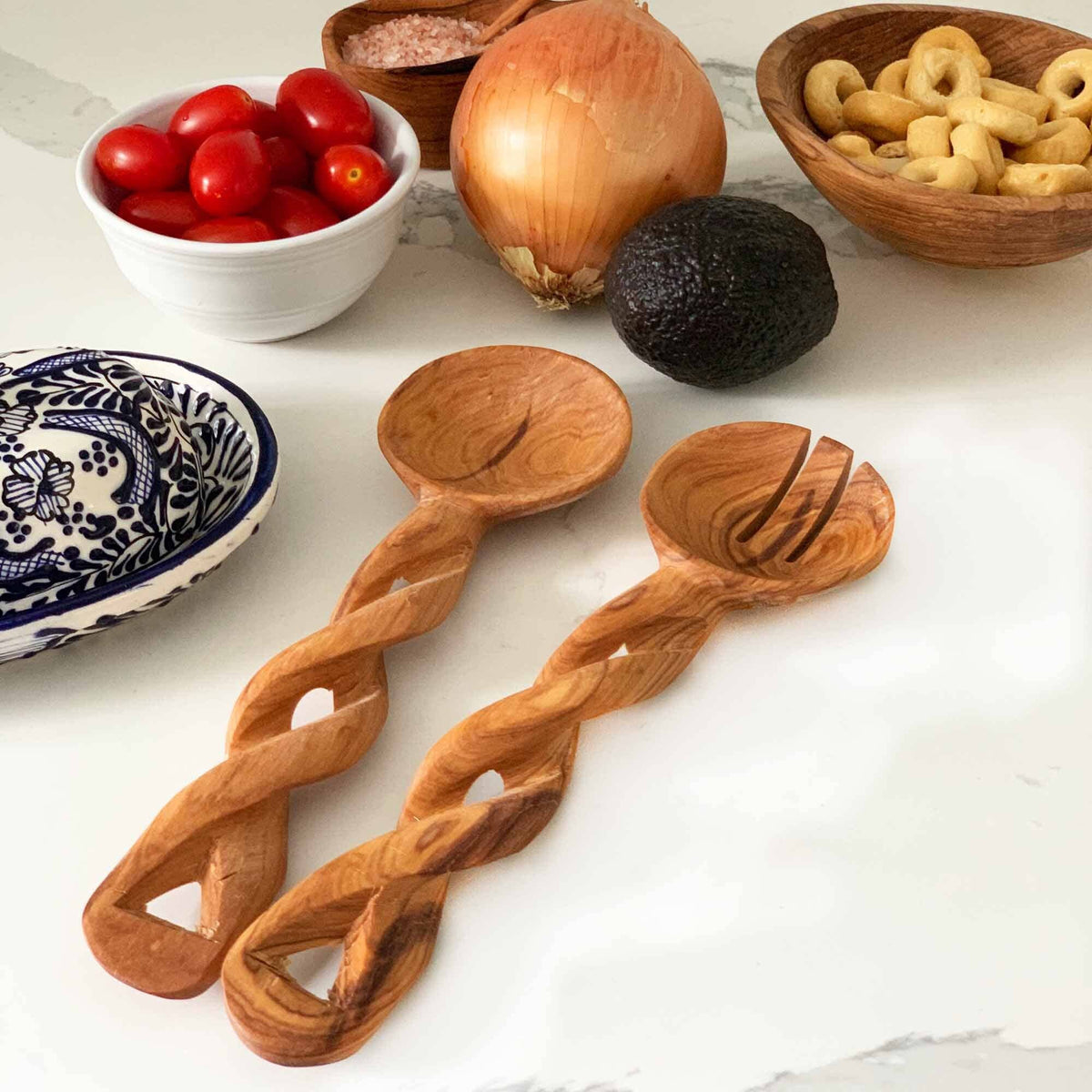 Olive Wood Serving Set - Braided Handles